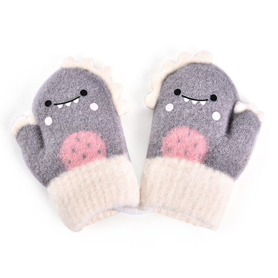 Winter Hanging Neck Plush Children Knitted Mittens Cute Kids Gloves Thick Warm GREY
