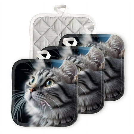 

BaHomeck Pot Holders 4pcs dacron Made Square heat-resisting mat Machine Washable for Kitchen Oven Hot Pads 6.7inch*6.7inch Bobtail Cat With Silver And Black Fur