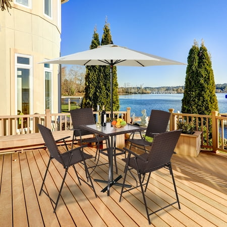 Top Patio Bars In Houston Costway 5PC Rattan Patio Furniture Set 4 Bar Stool Folding Chair + Bar Table W/Glass Top ()