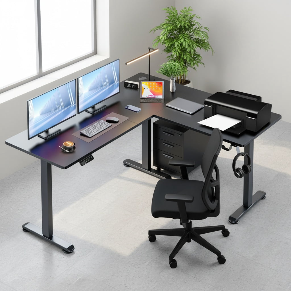 Legooin L-Shaped Ergonomic Sit-Stand Desk 63x55 inch Corner Standing Desk Gaming Table with Height Adjustable for Home Office Black