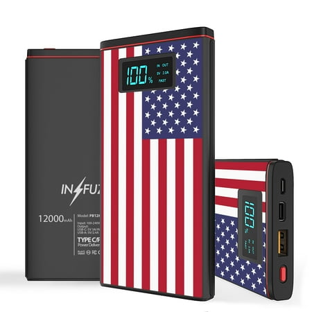 

INFUZE Portable Charger for Samsung Galaxy A42 5G Power Bank (18W Power Delivery USB-C/USB-A Ports 12000mAh Capacity USB Cables with Touch Tool) - USA American Flag