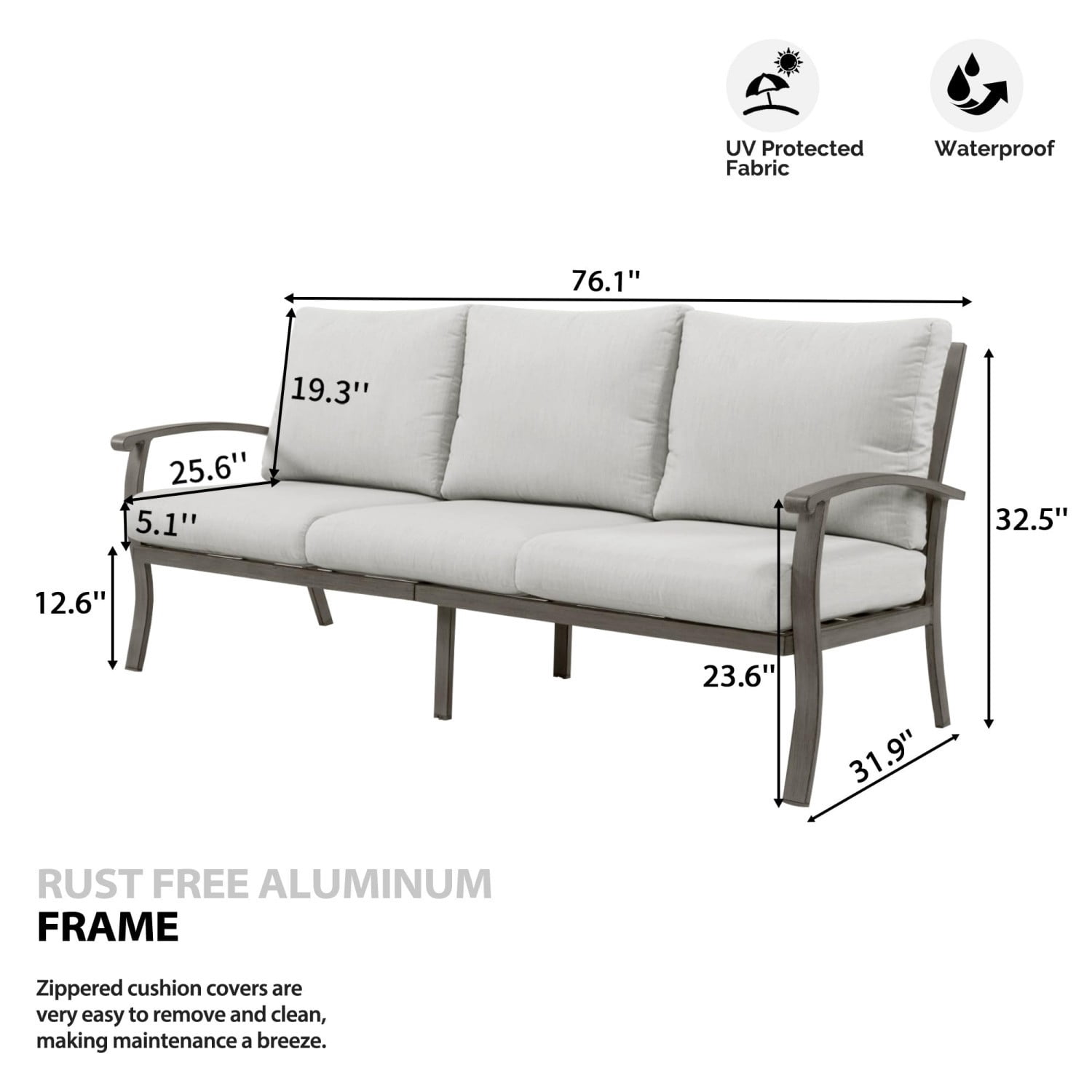 Outdoor Patio 3-Seat Sofa, Aluminum Couch with Thick Removable Cushions, All-Weather Backyard Furniture for Deck, Porch, Garden, Grey