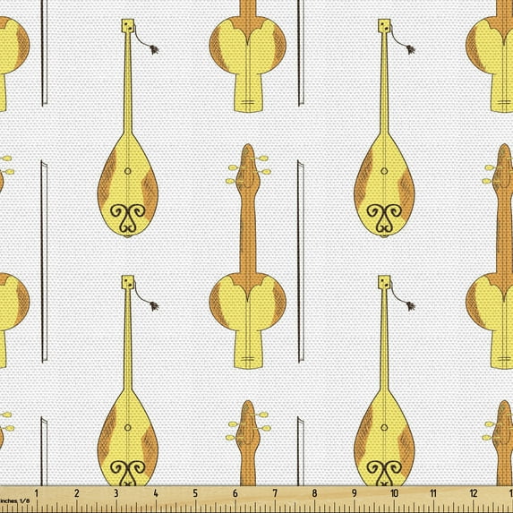 Folk Fabric by the Yard, Traditional Music Themed Pattern of Cultural Instrument Dombra, Upholstery Fabric for Dining Chairs Home Decor Accents, Yellow Orange by Ambesonne
