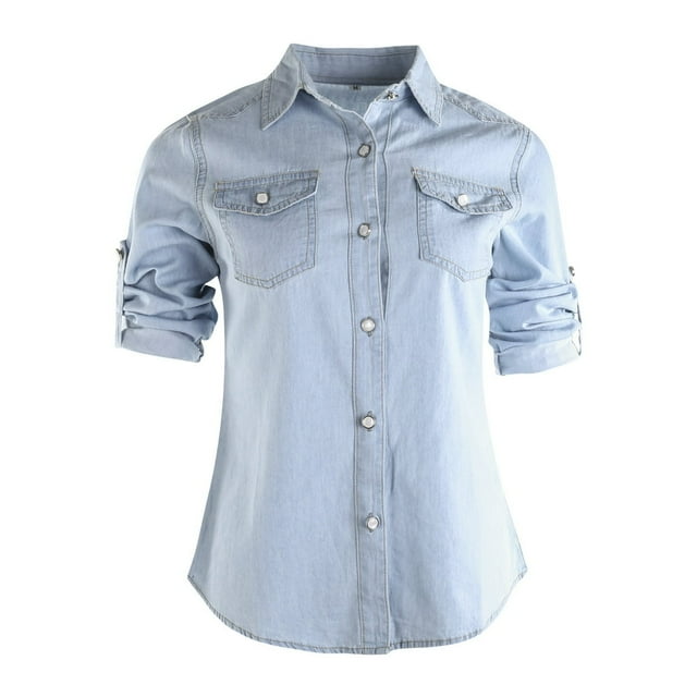 Women‘s Classic Long Sleeve Button Down Denim Shirt Jeans Blouse with Pockets for Work Light Blue M