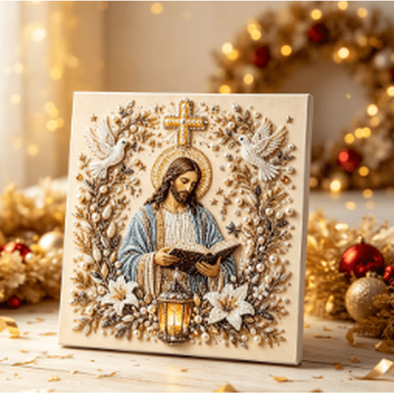 Religious Pea-rl Art Kit, 3D Mosaic Craft with Pre-Printed Canvas and Multi-Size Pea-rls for Christian Wall Decor and Christmas Gift