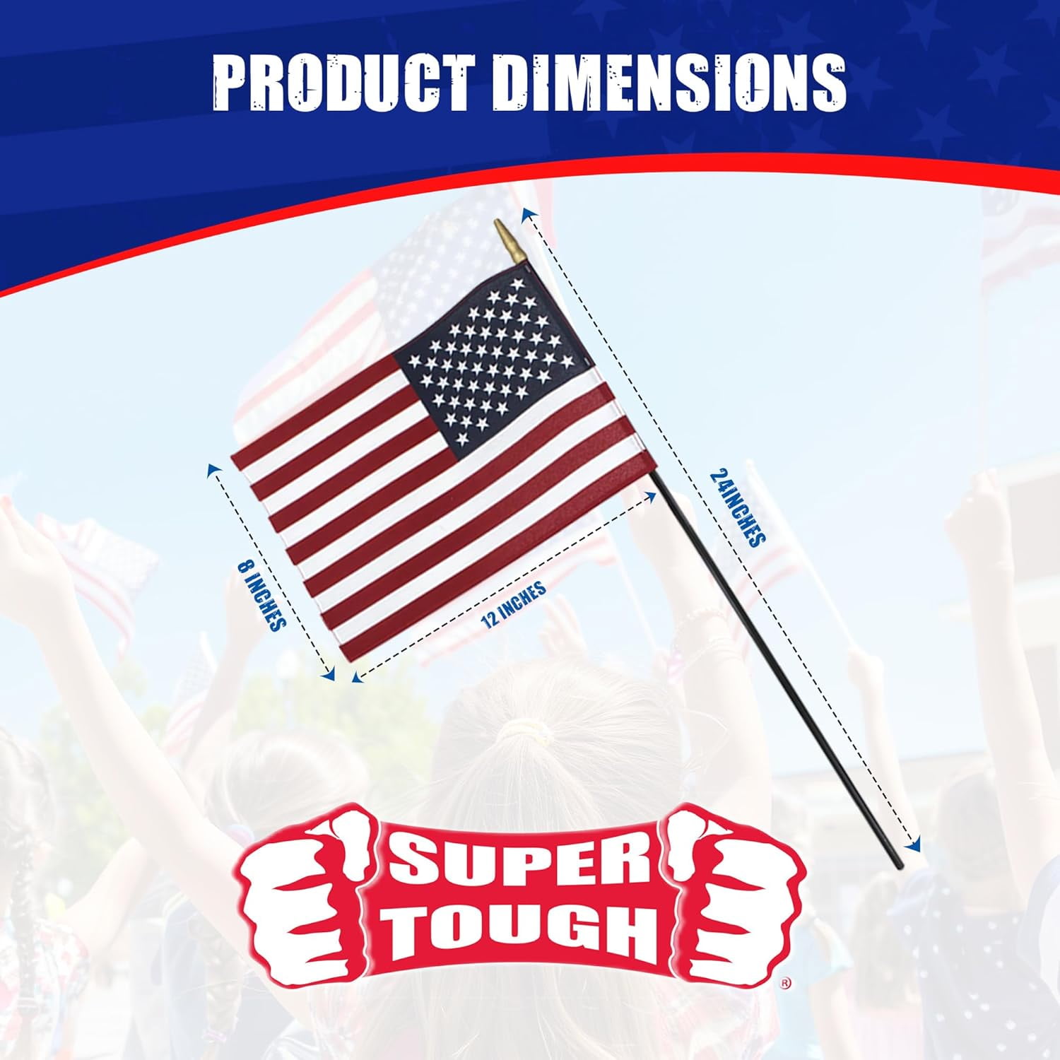 Super Tough Small American Stick Flags 8’’x12’’ | Cotton Outdoor Flag on Black Wooden Stick | Mini Flags Patriotic Decor for Various Holiday Parties and National Flag Day | 12 Pack