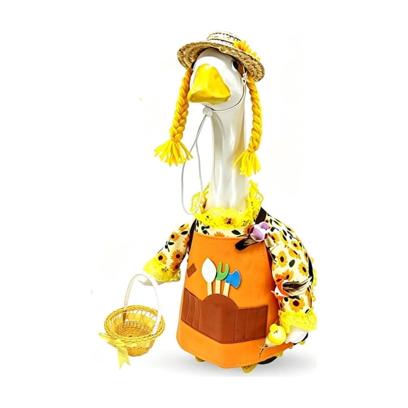 Gardener Costume Set for 23 Inch Porch Goose Statue,Sunflower Dress Straw Hat Apron Basket Bird Decoration,Outdoor Yard Entryway Display