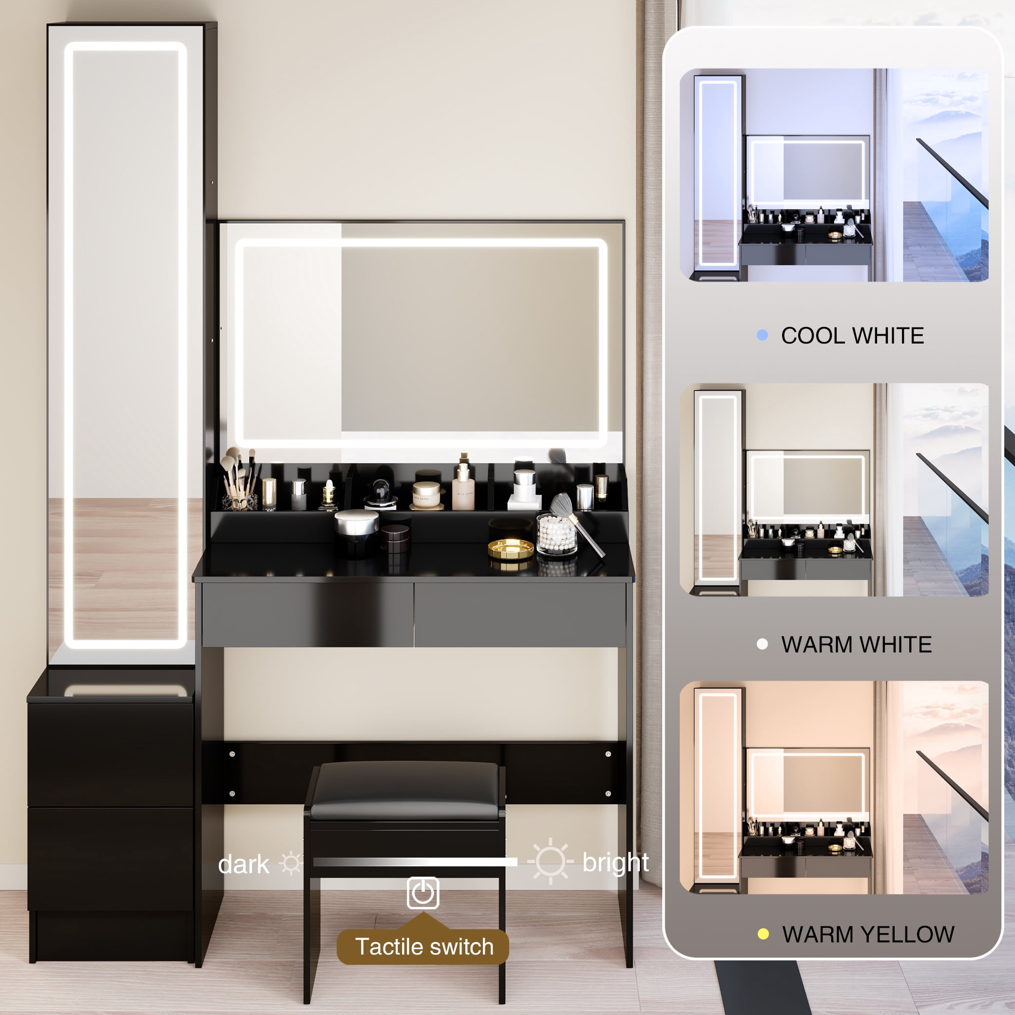 Leumius Smart Makeup Vanity Set with 3 Color Lighted Mirror,LED Dressing Mirror Cabinet,Double Large LED Mirror,Multi-layer High Capacity Storage for Bedroom,Black
