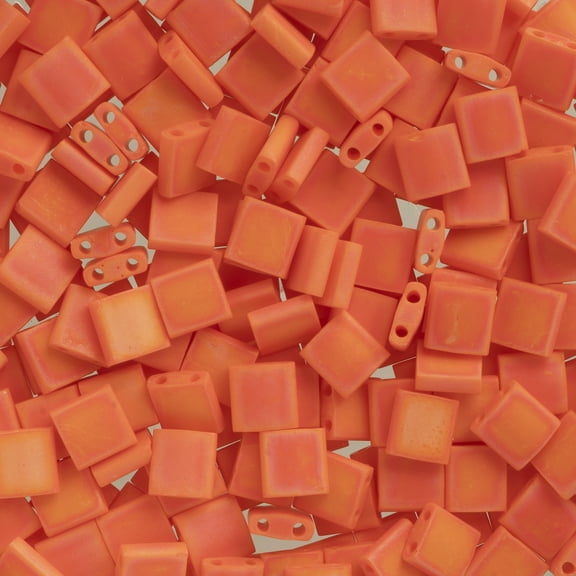 Miyuki Tila Beads 5x5mm 2-Hole TL406FR Coral Opaque Matte AB, 5.2Gms Vial