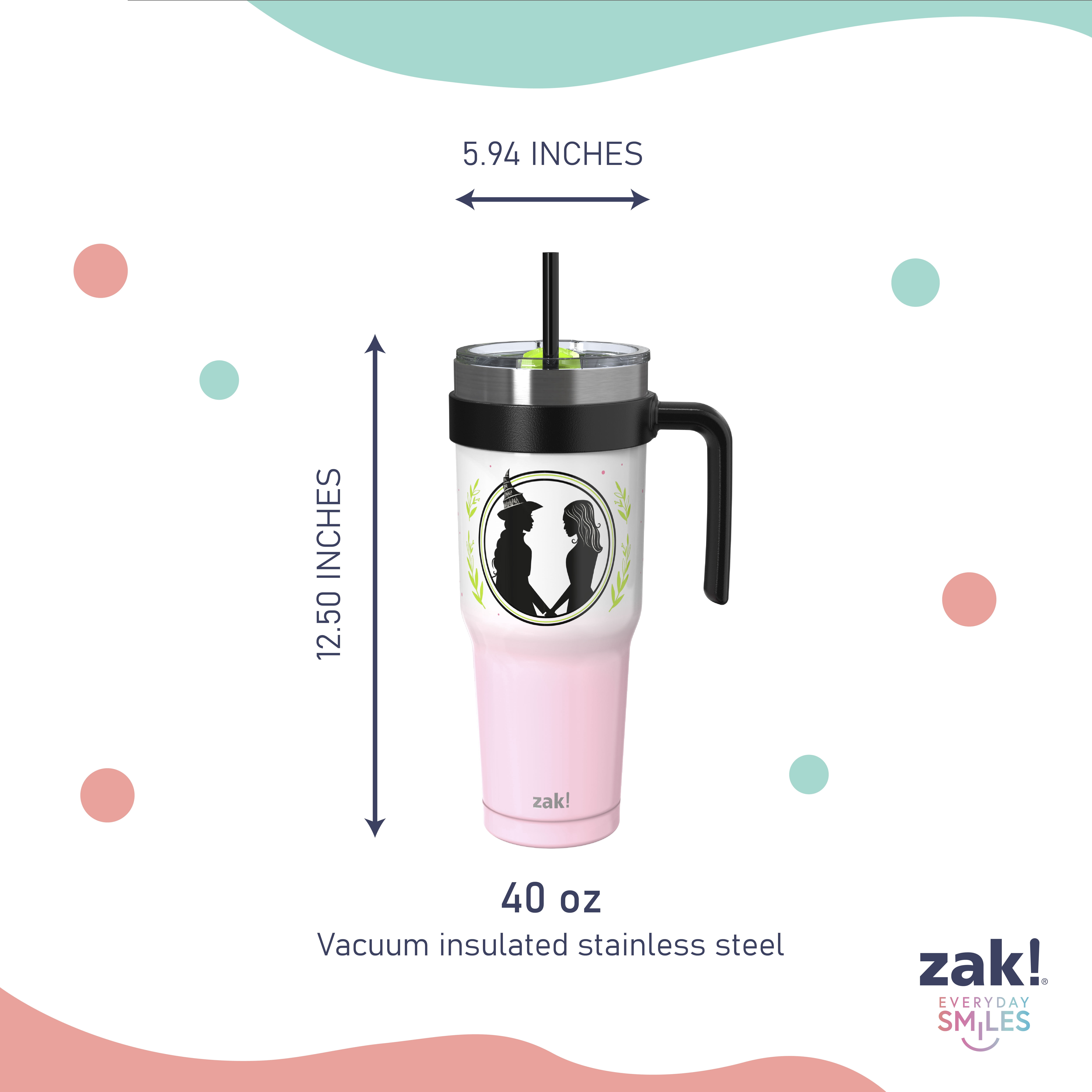 Zak Designs 40oz Wicked Halloween Straw Handle Tumbler, Double Wall Vacuum Insulated Stainless Steel Waverly Tumbler with Durable Plastic Straw, Travel Straw Tumbler with Handle, Ombre