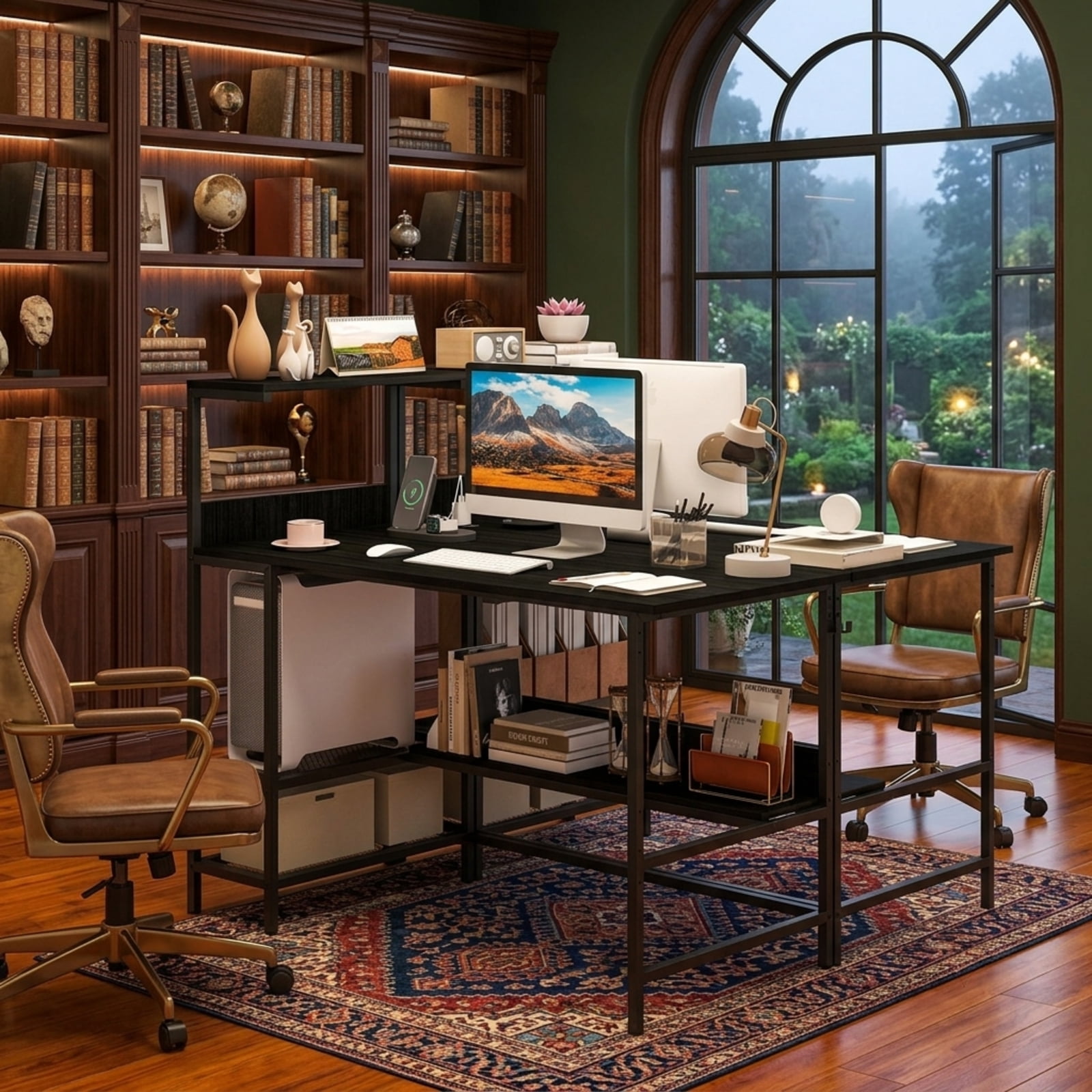 Furnibear 48 Inch Computer Desk with Power Outlets and Storage Shelves, Home Office Writing Desk with USB Type-C Ports and Mesh Shelves, Black