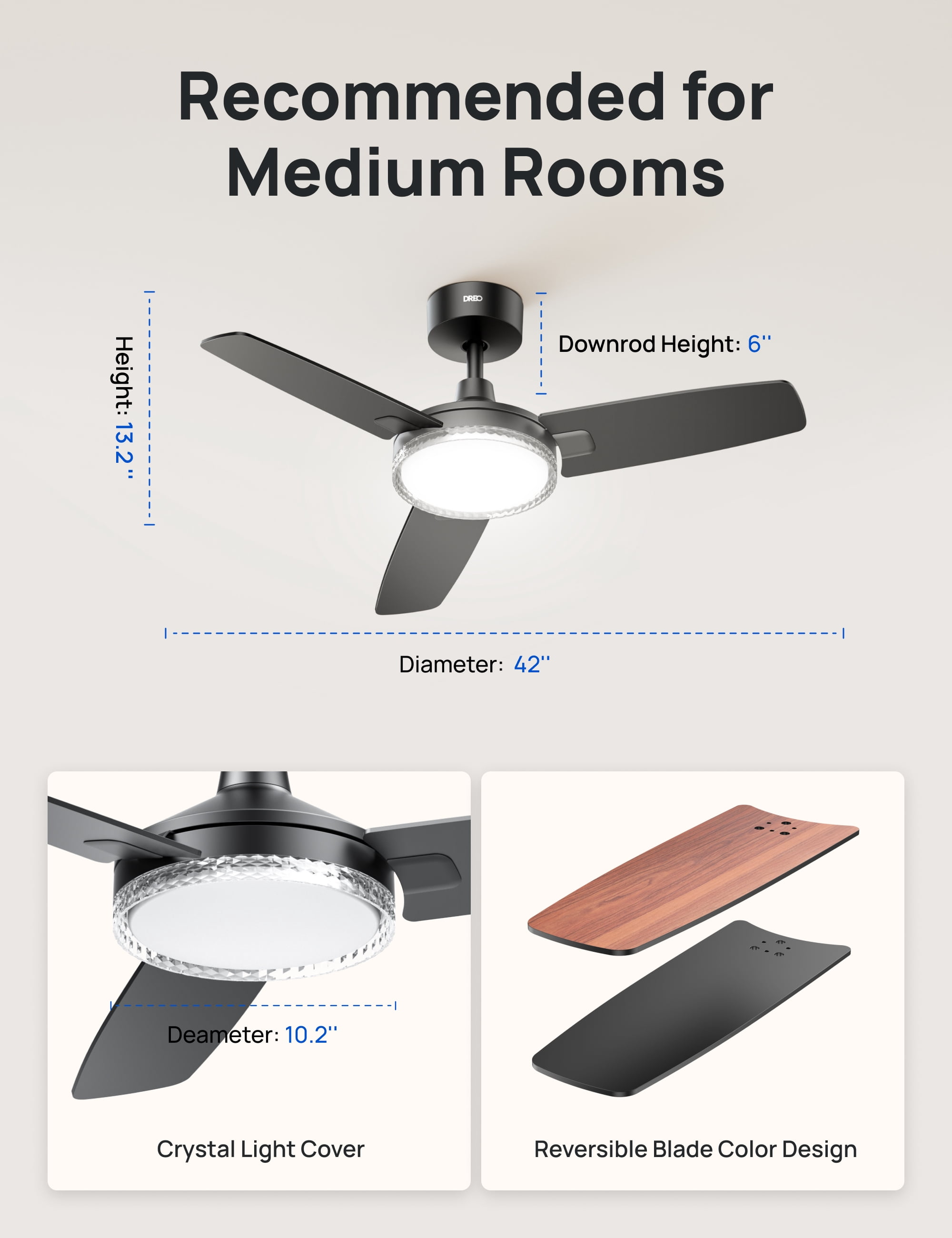 DREO Ceiling Fans with Lights and Remote, 42’’ Black Ceiling Fan, 5CCT, 6-Level Dimmable, 6 Speeds, Quick-Install, Quiet Reversible DC Motor, 1-4-8H Timer, Bedroom Ceiling Fan