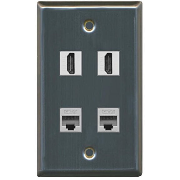 RiteAV - 2 Port HDMI 2 Port Cat6 Ethernet Wall Plate - Stainless Steel/Gray