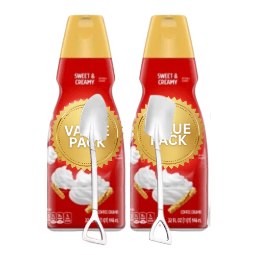 Candy Freezer Int'l Delight Shelf-stable Non-dairy Liquid Coffee Creamer.- Pack of Two (2) 32 fl oz Bottles (Sweet & Creamy) with Shovel Spoon