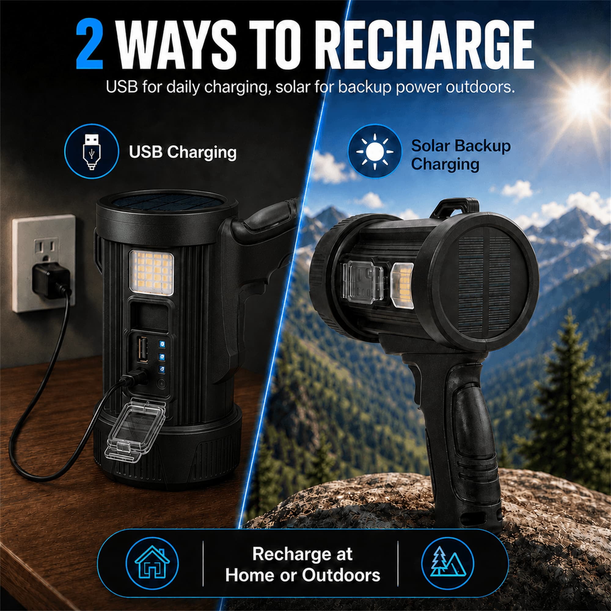 Sentryse Rechargeable Spotlight Flashlight, 99,000 Lumens Super Bright Handheld Spotlight, Long Running Spot Light Searchlight with Solar Panels for Hunting Boating Camping, Black Small