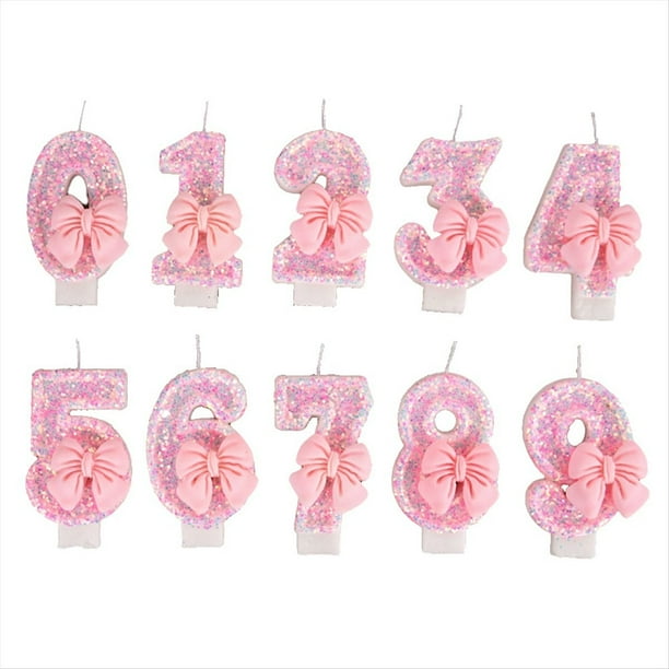 Número de Velas Decorativas para Pasteles, Lazo Rosa, Decoración para Tarta de Cumpleaños para Niña, Suministros para Fiestas, Vela Digital 0-9