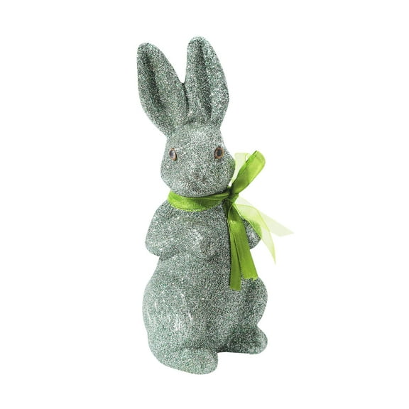 1PC Bunny Plush Easter Decorations: 8.6 inch Glitter Flocked Bunny with Ribbon Bow, Realistic Eyes Rabbit Statue for Spring Home Decor and Party Supplies