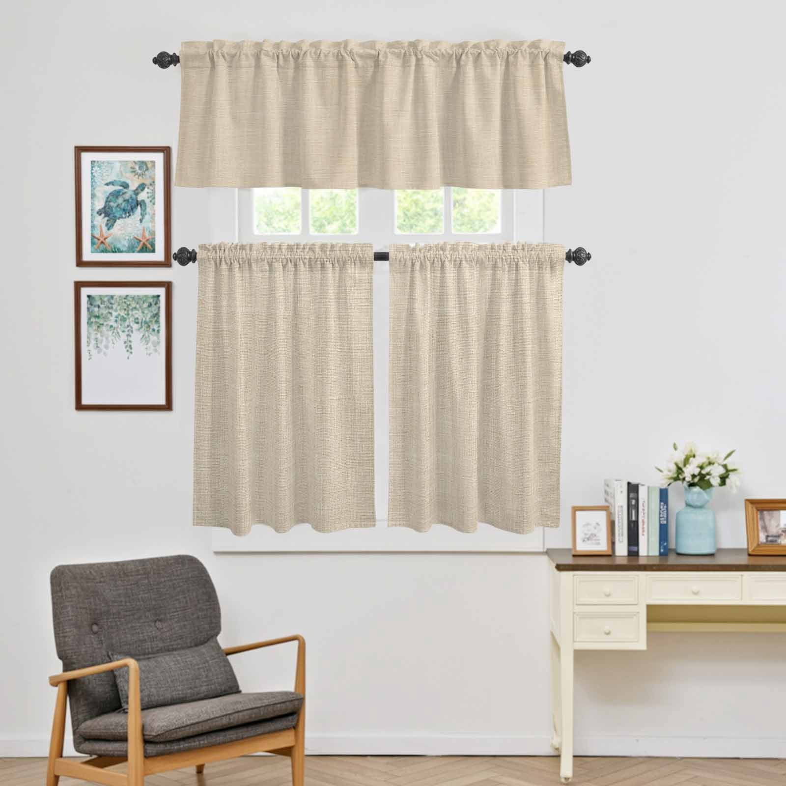Kitchen Window Curtains Valance and Tier Set, Vintage Country Beige Linen Texture Rod Pocket Tier Curtains and Valance 3 Piece Set, Farm Burlap Window Treatment for Bedroom Living Room