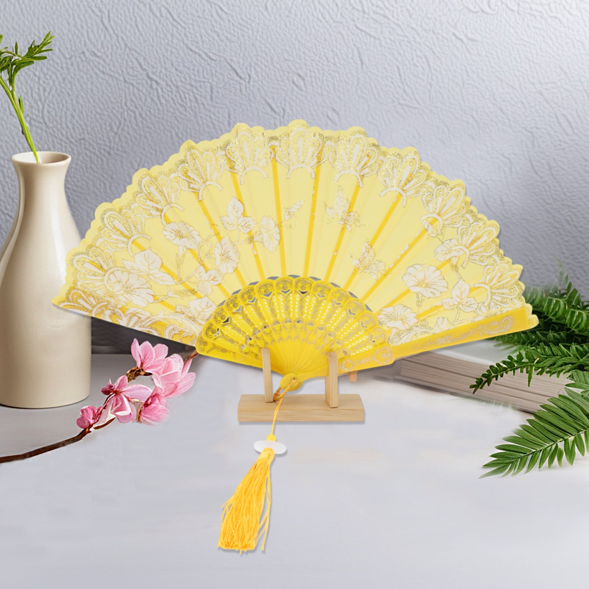 Unique Bargains Tassel Folding Fan 1 Pc for Weddings Parties Yellow