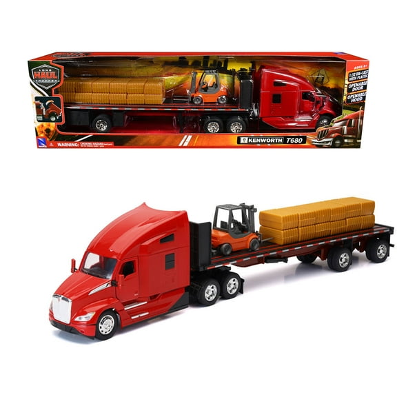 Kenworth T680 Truck Red and Flatbed Trailer with Forklift and Hay Load "Long Haul Trucker" Series 1/32 Die Cast Model by New Ray