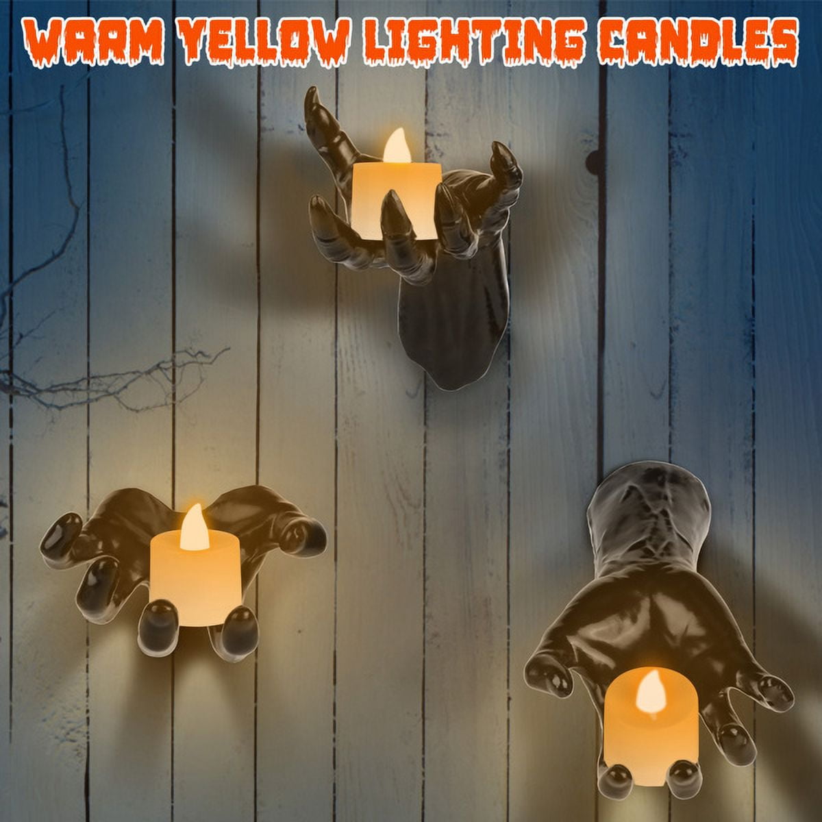 3-Pack Halloween Creepy Reaching Hands Decor, Devil/Normal/Half Hand with Lighted Candles, PVC Material, Wall Hanger Function for Party/Home
