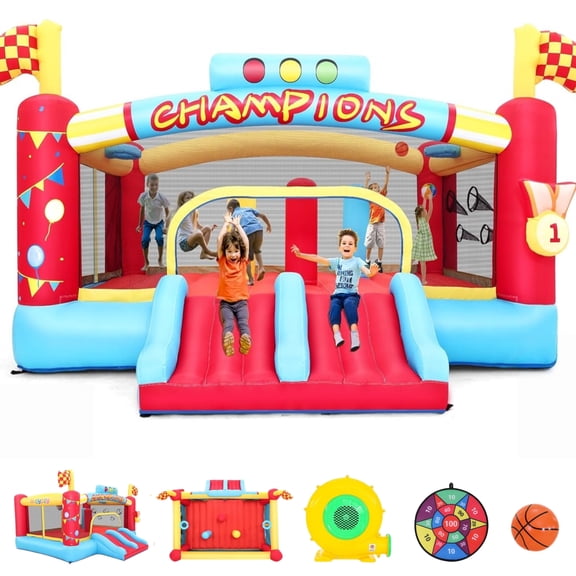 Veeboto Bounce House with 550W Blower, Indoor & Outdoor Jumping House with Double Slide, Jumping Area, Ball Basket, Ball Net, Target, Boxing Ring, Bounce Castle for Big Kids