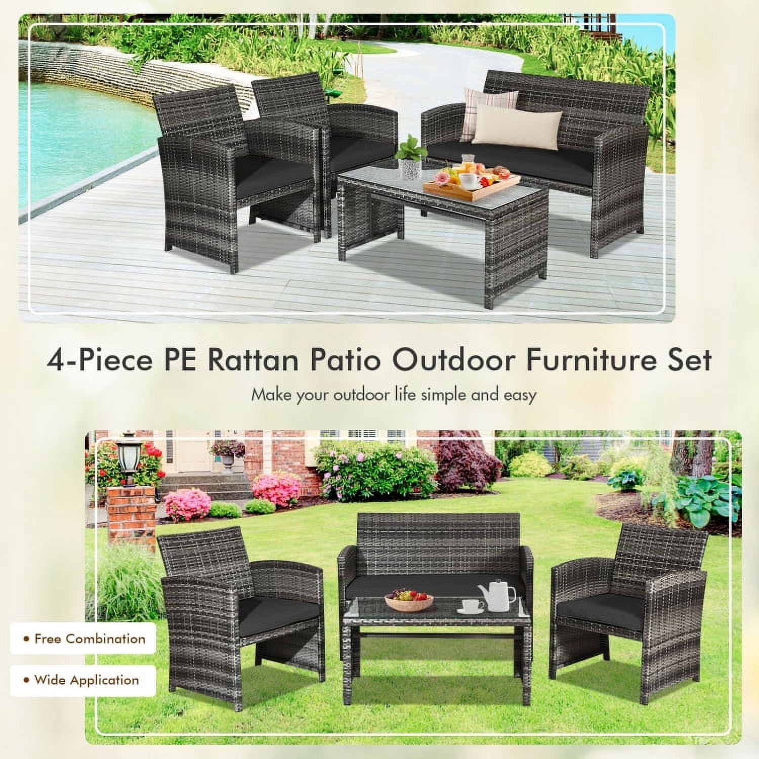 Aimee Lii 4 Pieces Wicker Patio Furniture Set with Cushions, Wicker Outdoor Sectional, Black