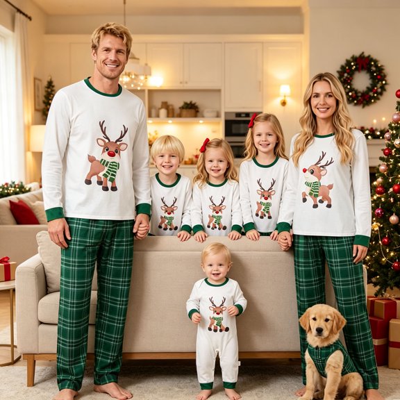 Christmas Pajamas for Family, Long Sleeve Cartoon Deer Print Tops Plaid Pants Set