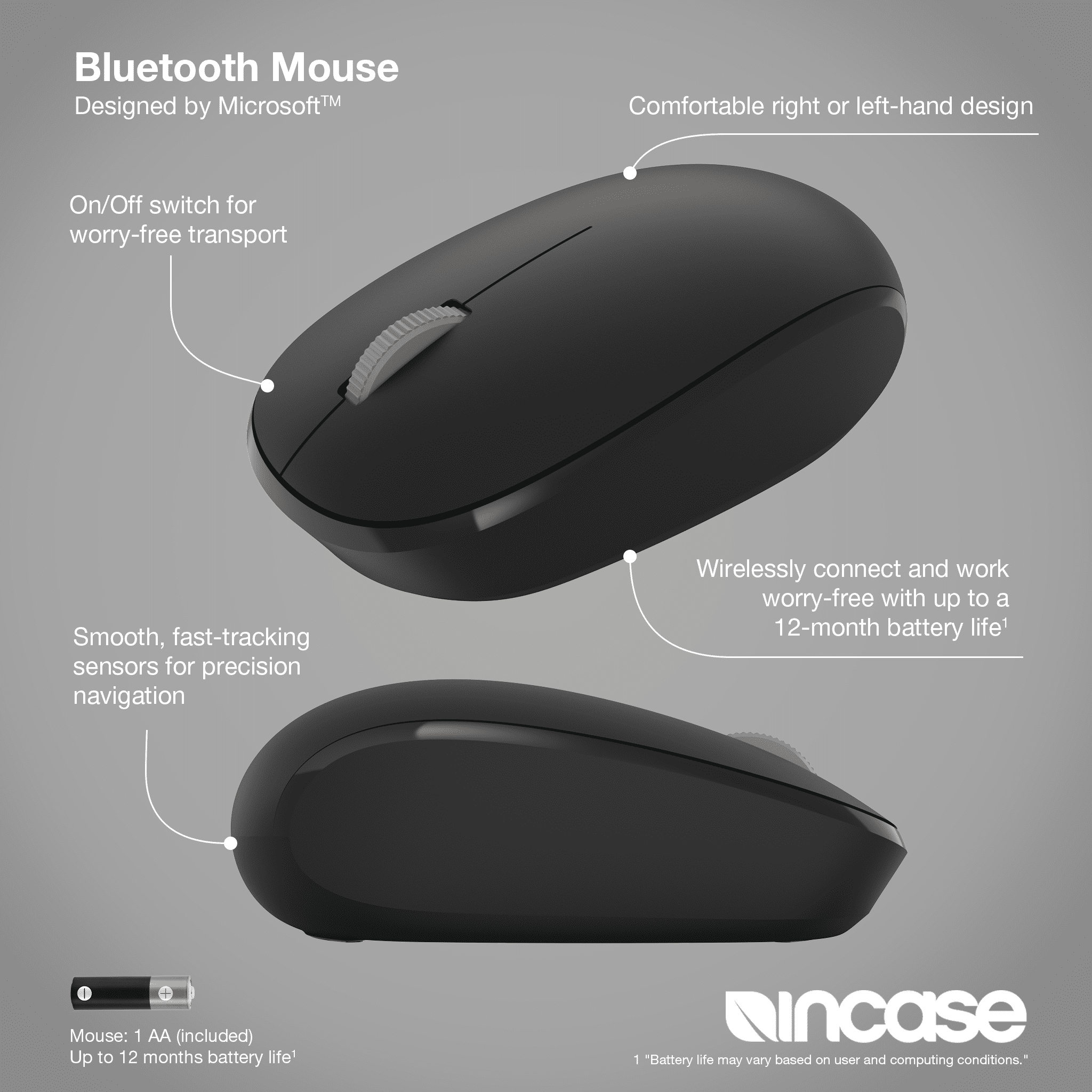 Incase Bluetooth Mouse - Designed by Microsoft - Compact, Comfortable, Right/Left Hand Use, 4-Way Scroll Wheel, Wireless Bluetooth Mouse for PC/Laptop/Desktop, Mac/Windows Computer