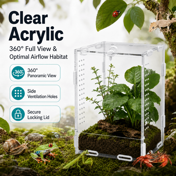 Doulami Jumping Spider Enclosure, 7.87"H Acrylic Terrarium Flip-Top Lid Vents, 360° View for Tarantula Praying Mantis Hermit Crab, with Tweezers