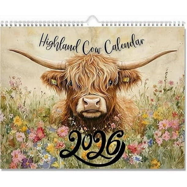 Calendario de pared 2026 con diseño de vaca escocesa, planificador mensual, decoración de 12 meses, calendario con temática de vacas para el hogar o la oficina, regalo para amantes de los animales.