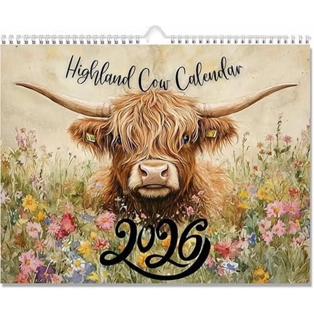 Calendario de pared 2026 con diseño de vaca escocesa, planificador mensual, decoración de 12 meses, calendario con temática de vacas para el hogar o la oficina, regalo para amantes de los animales.