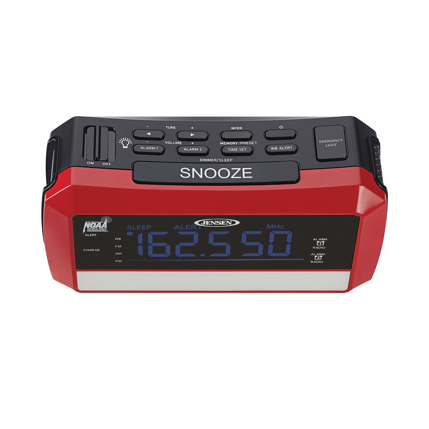 JENSEN Digital AM/FM Weather Alarm Clock Radio with Weather Alert, Emergency Light, and Flashlight, Red, JEP-775, JEP-775