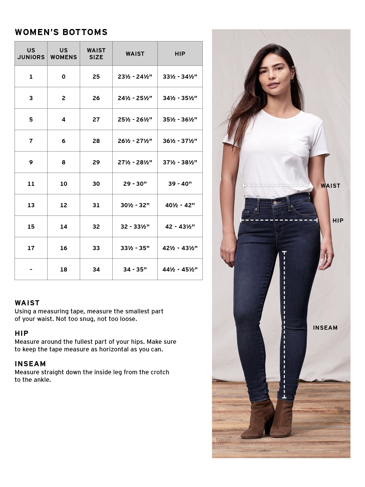 Размерная сетка Levis женские джинсы