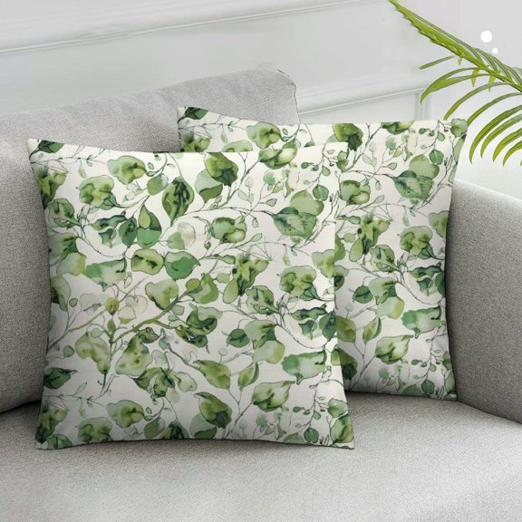 Acheng Eucalyptus Leaf Throw Pillow Covers - Seasonal Tropical Green Leaves Branches Plants Decorative Pillowcases for Couch Cushion Farmhouse Bedroom Sofa Outdoor Decor, Set of 2 White