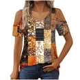 thumbnail image 4 of Cold Shoulder Tops for Women Summer Tunic Short Sleeve Cute V Neck Floral Blouses Classic Flowy Casual Shirts (S, Brown 1), 4 of 7