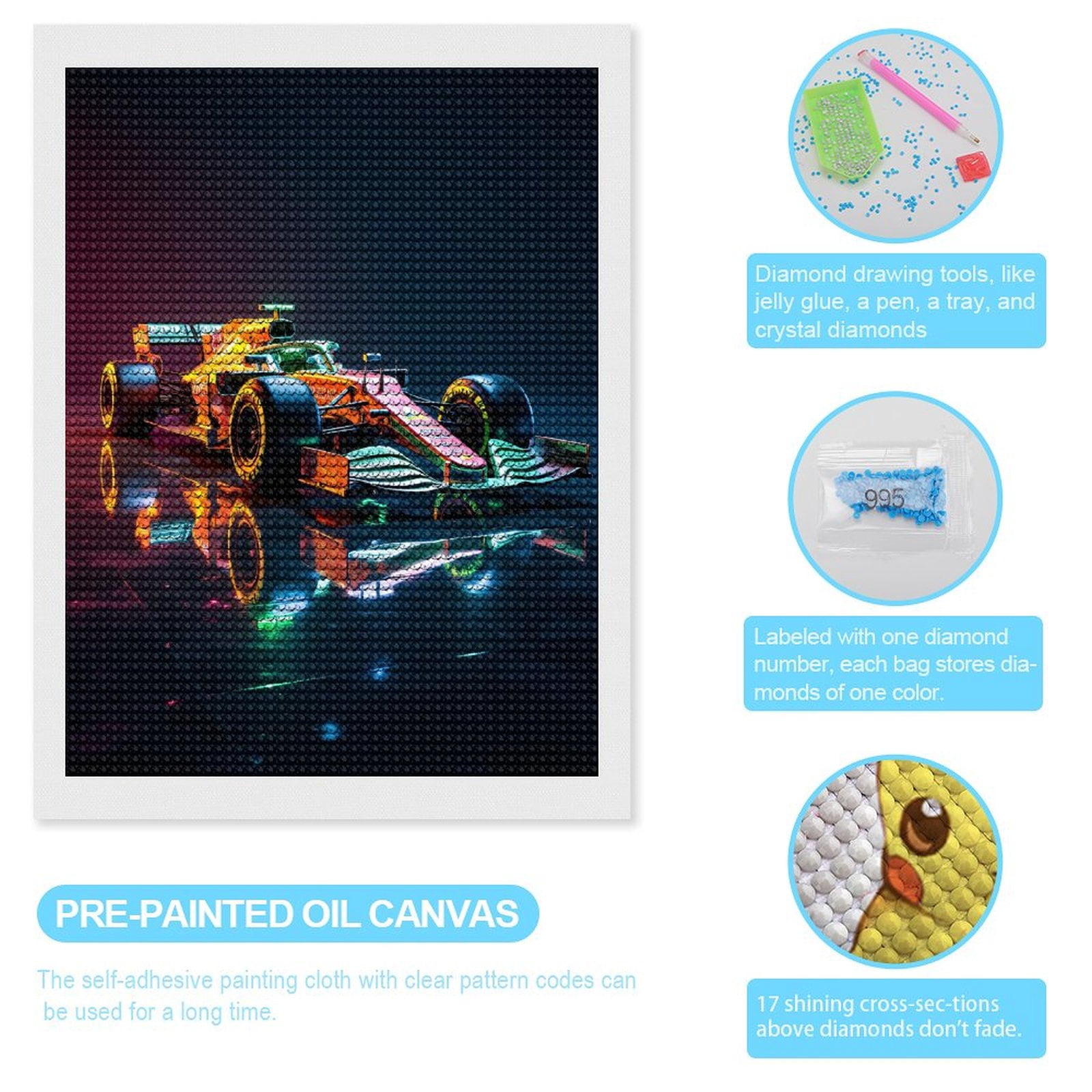 Diamond Art Kits for Adults, Futuristic Neon Racing Car Reflection 5D Diamond Painting Kits for Adults Beginners, DIY Full Drill Diamond Painting, Gem Art and Crafts 12x16