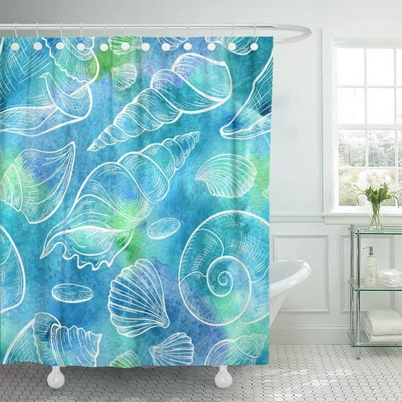 BOSDECO White Conch Seashells in Watercolor Style Summer Marine Water Aquarelle Aquatic Beach Coast Cockle Shower Curtain 60x72 inch