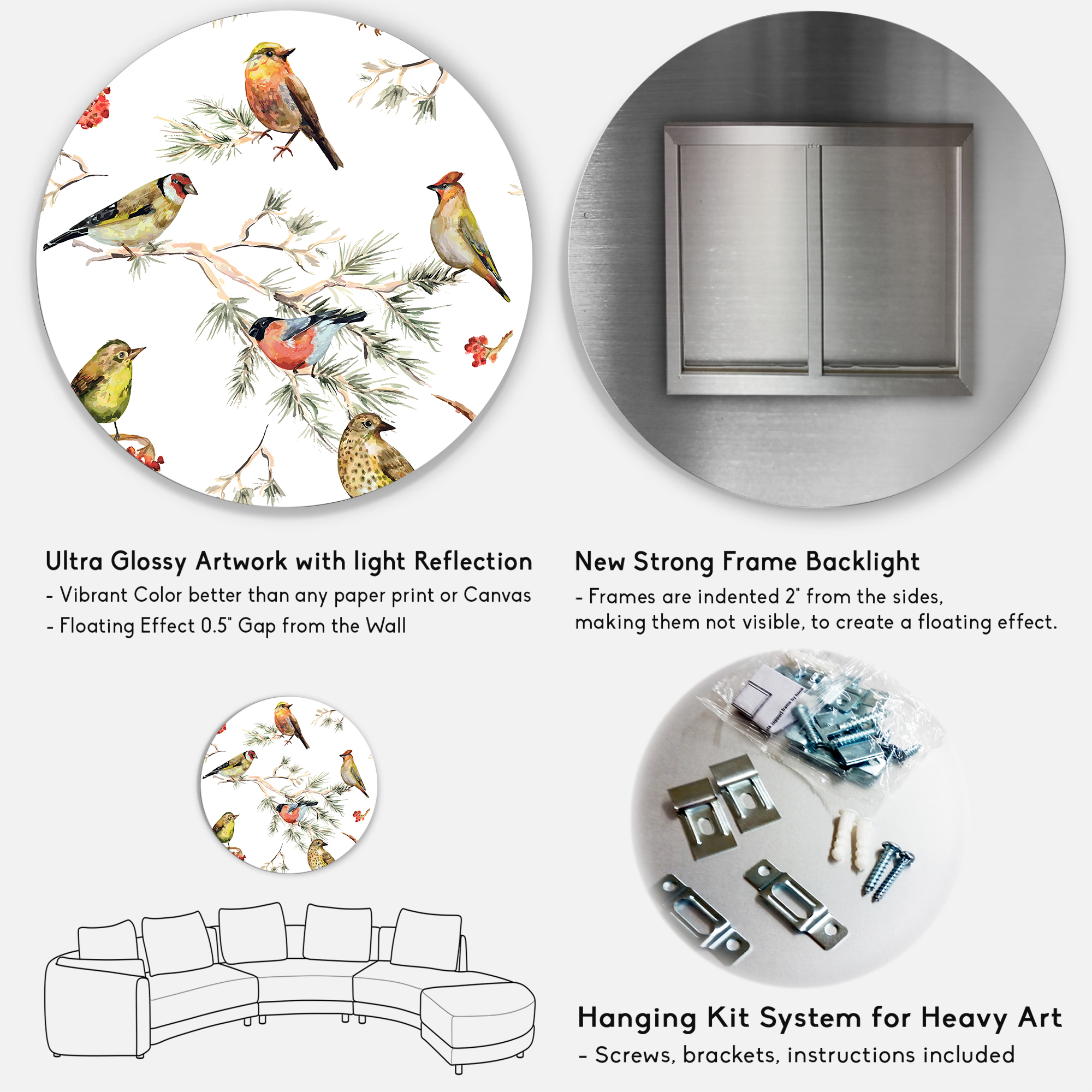 Designart 'Forest Birds Sitting On Branches' Traditional Circle Metal Wall Art 29x29 - Disc of 29