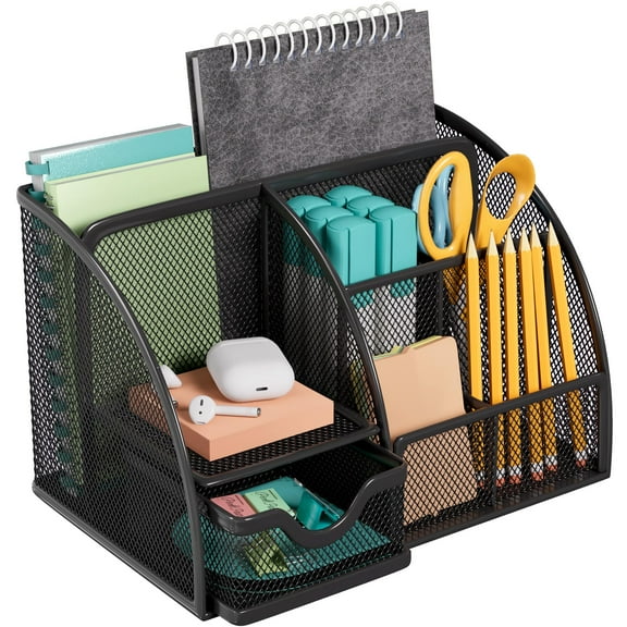 Office Desk Organizer - 6 Compartment Pen Holder & Drawer, Metal Mesh Desktop Organizer with Non-Slip EVA Pad, Black Desk Caddy, 8.7" x 5.5" x 5"
