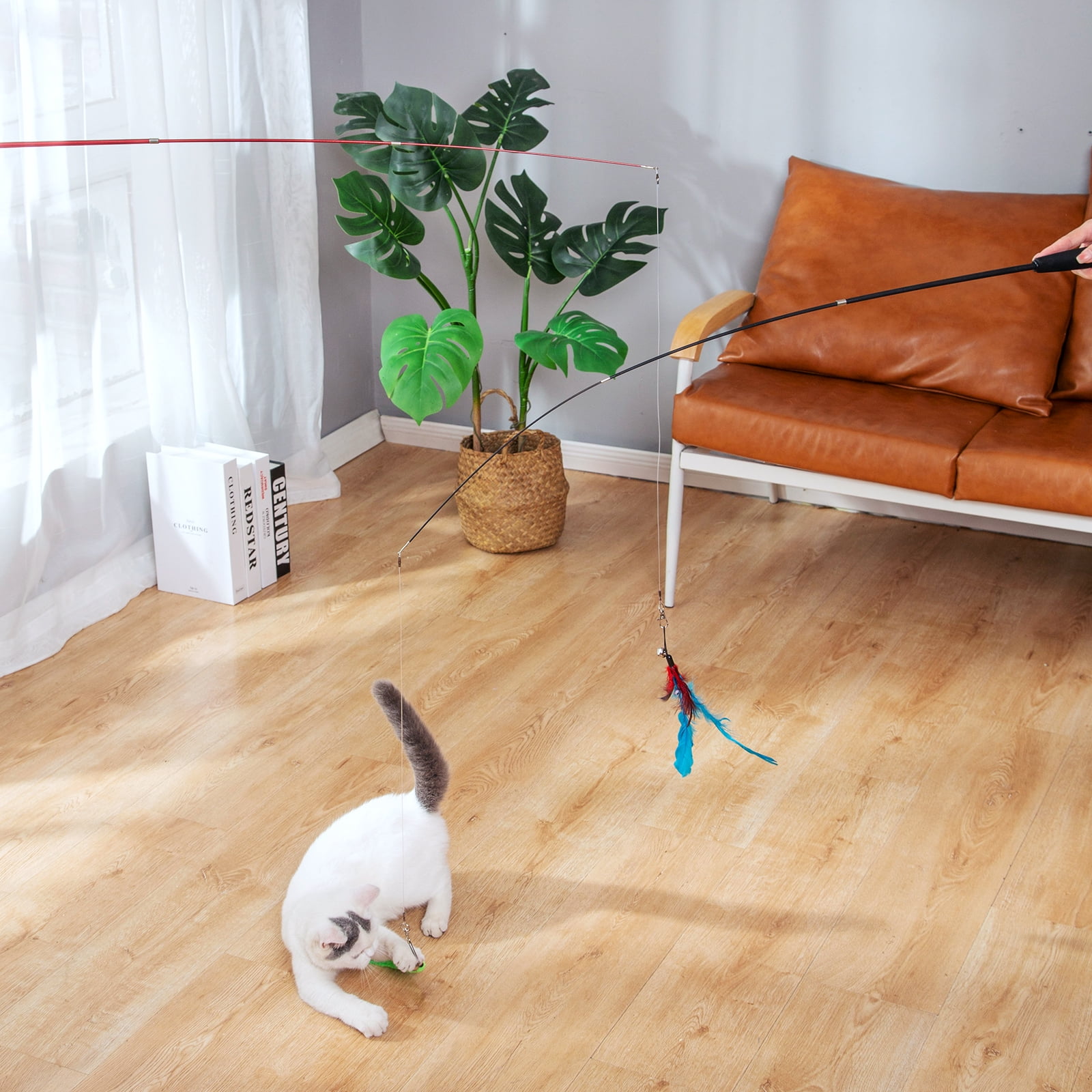 FYNIGO Interactive Cat Feather Toys for Indoor Cats Kittens,2 Retractable Cat Teaser Wand and 1 Rainbow Wand with 9 Refills and 2 Spare Hook(14 Pack)