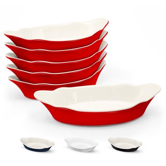 Kook Ceramic Au Gratin Baking Dishes, 12 Oz, Set of 6, Red