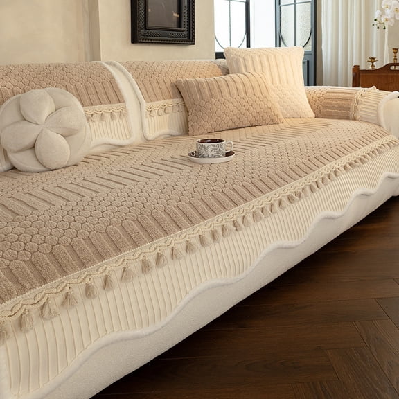 Cream Style Thick Sofa Cover , High Gram Weight Non Slip Full Coverage Couch Pad, Tassel Edge Warm Sofa Slipcover for Living Room Furniture
