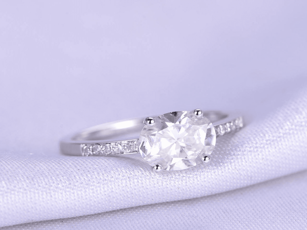 HeartsAndYou 1.7ct East West Oval Cut Moissanite Accents Engagement Ring for Women 18k White Gold Over Silver