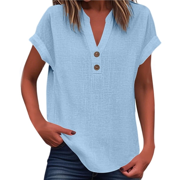 Camiseta informal de mujer con cuello en V y color liso - Tejido transpirable para el verano, fácil de combinar con vaqueros/pantalones