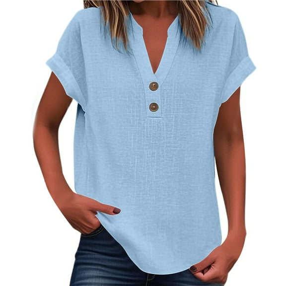 Womens Shirts Tops Solid Color V-Neck Button Loose Short Sleeved Womens Athletic Tops
