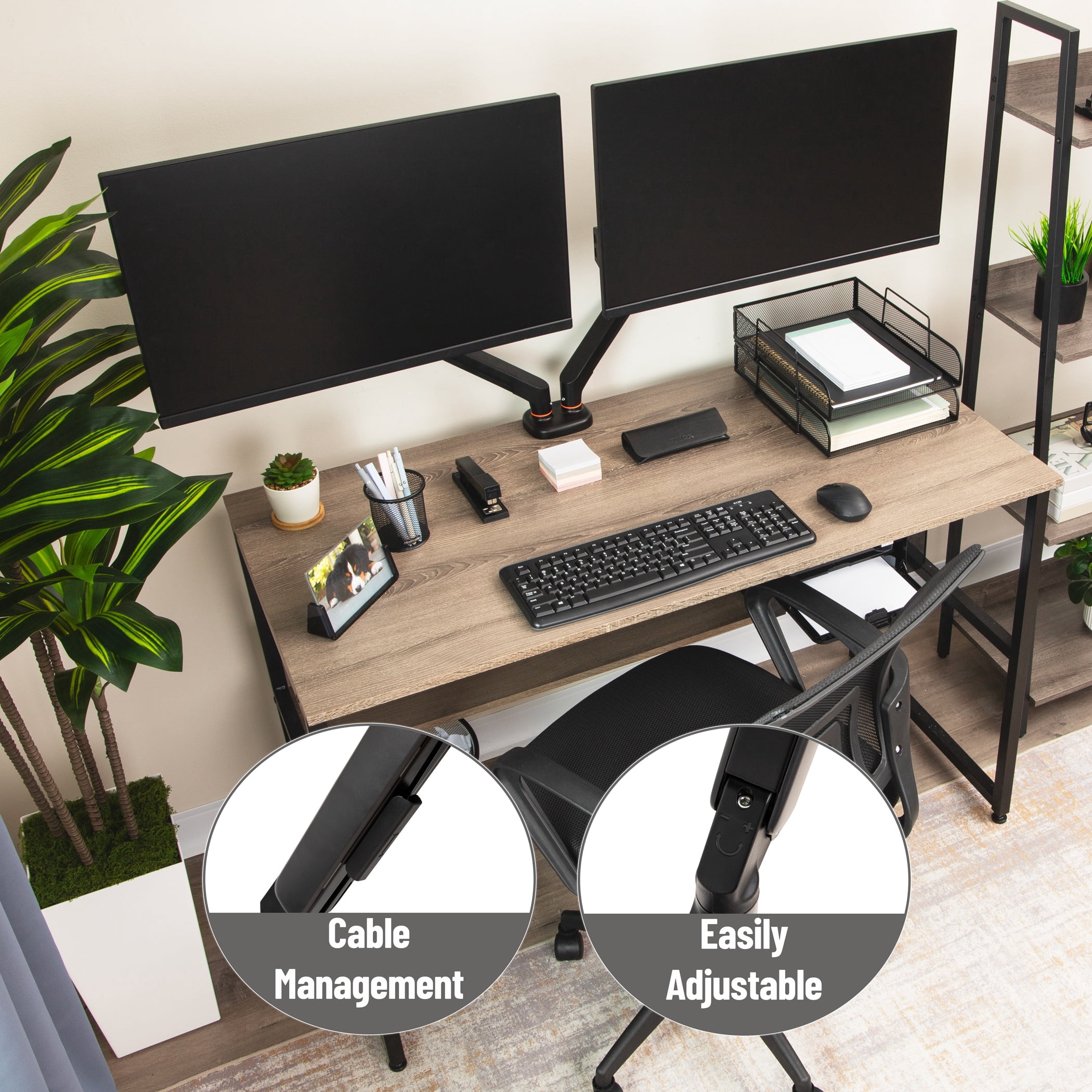 Mind Reader Dual Monitor Gas Spring Desk Mount, Counter-Balance Arm for 13"–32" Monitors, VESA 75x75 / 100x100, ±180° Rotation, ±65° Tilt, ±180° Swivel, 19.8 lb Capacity Each, Black