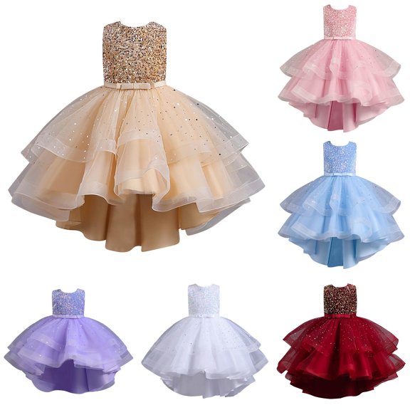 FINALGANG Girls Kids Round Neck Sleeveless Full Sequin Bodice Waist Bow Star Sequin Tulle Layered High Low Hem Birthday Formal Princess Dress For Child Soft Dress 6-7 Years