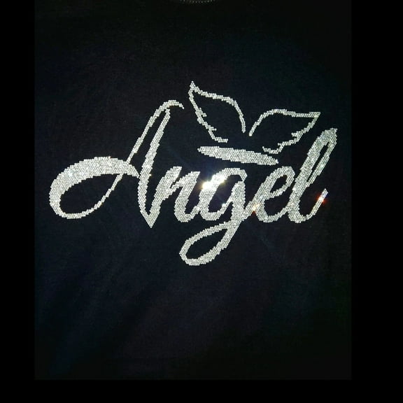 Angel Text with Little Wings Rhinestone Short Sleeve T-shirt
