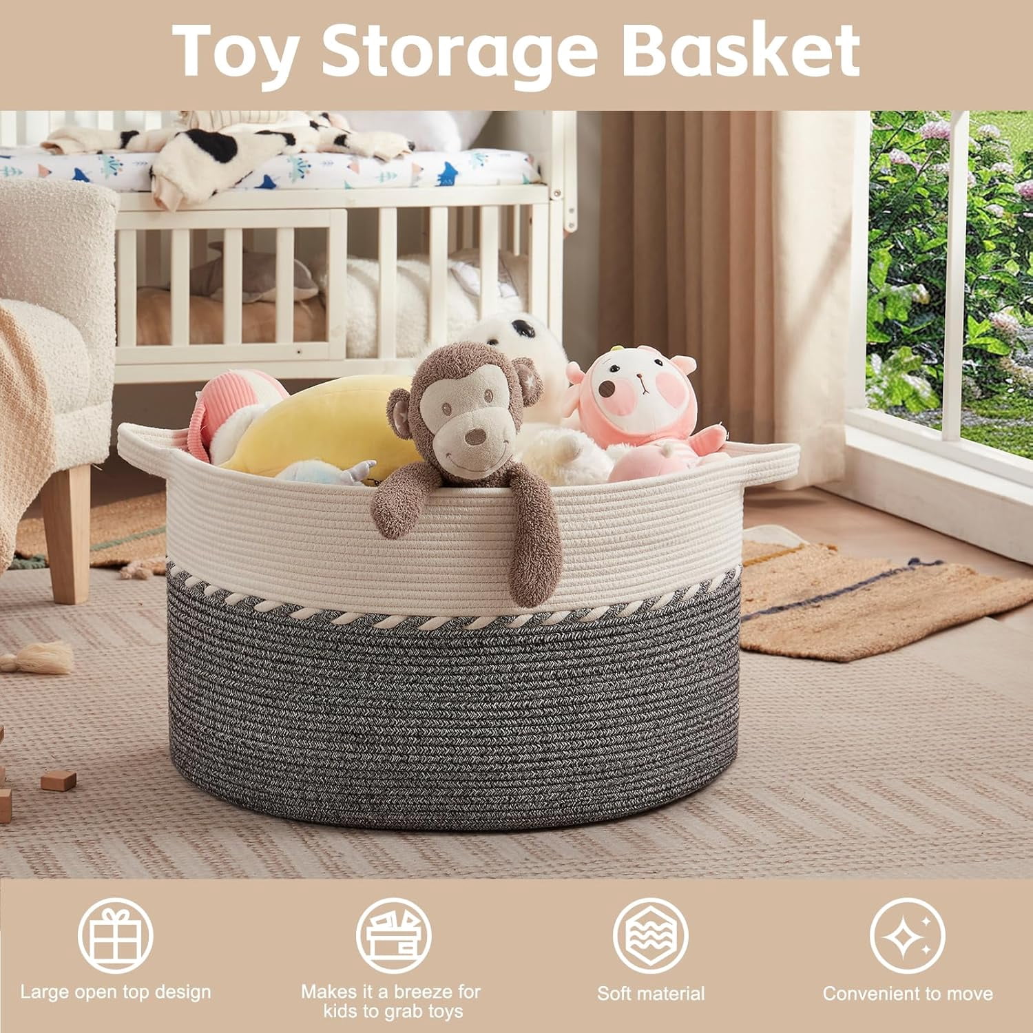 125L Extra Large Blanket Basket, 25" x 16", Jumbo Laundry Hamper, Cotton Rope Basket with Handles,Baby Toy Storage Bins,Black